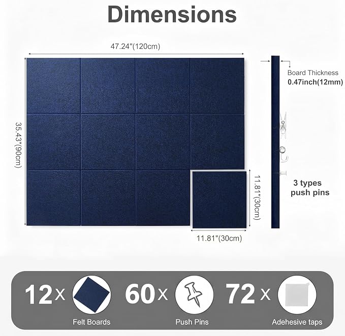Felt Wall Tiles Bulletin Board Large Cork Board Alternative 12 Pack 11.81”x11.81”x0.47” Felt Pin Board Tack Board with Safe Removable Adhesive Tabs for Home Office School 48x36(Dark Blue)