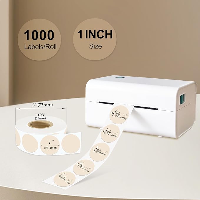 1 Inch Round Thermal Sticker Labels,Color Dot Stickers,Label Stickers,Waterproof,Oil Proof,for Thermal Printers,DIY,Office,Retail,Home and Warehouse Organization,1000 Pcs Light Brown