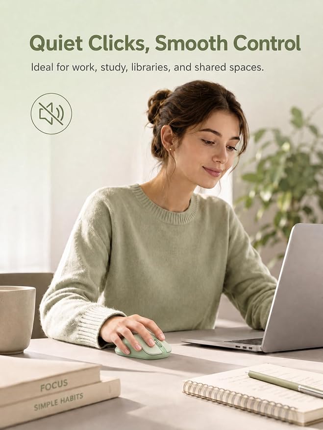 RAPIQUE Bluetooth Wireless Mouse, Dual Bluetooth & 2.4GHz, Sage Green | Right-Hand Ergonomic Grip, Quiet Clicks, Low Power, 3-device Switching, 6-button USB receiver for MacBook, Laptop, Computer