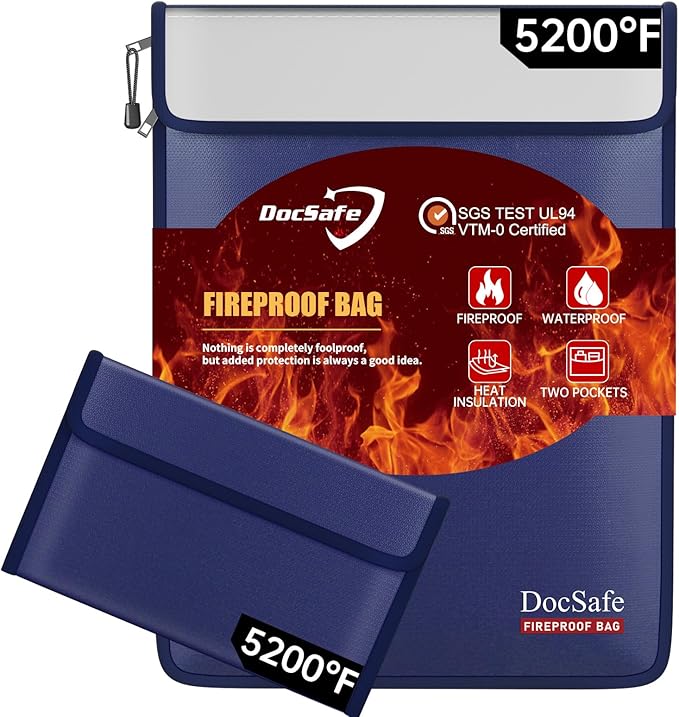 DocSafe Fireproof Document Bag (5200℉) with Fireproof Organizer Travel Case,Heat Insulated Fire＆Water Resistant 8 Layers Safe Money Bag Storage for Important Documents,Cash,Power Bank,Valuables,Blue