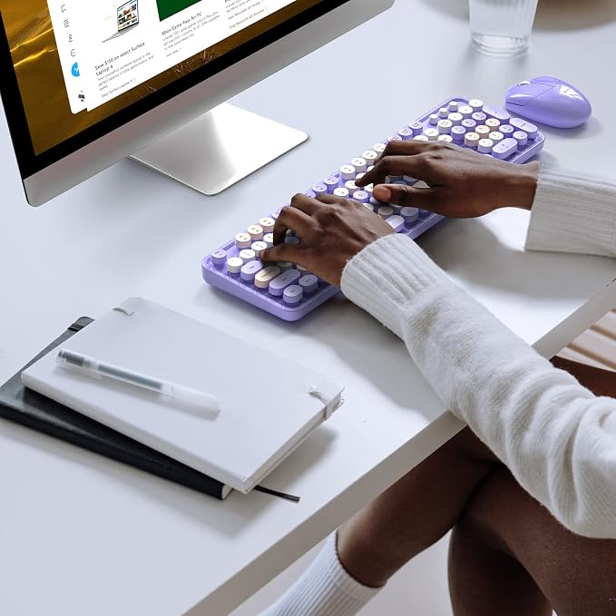 MOFII Wireless Keyboard and Mouse Combo Purple Colorful Full Size Round Key Typewriter Keyboards, 2.4G USB Keyboard Mice with 2-1 Nano Dongle for Computer Laptop PC Desktop Chromebook Smart TV