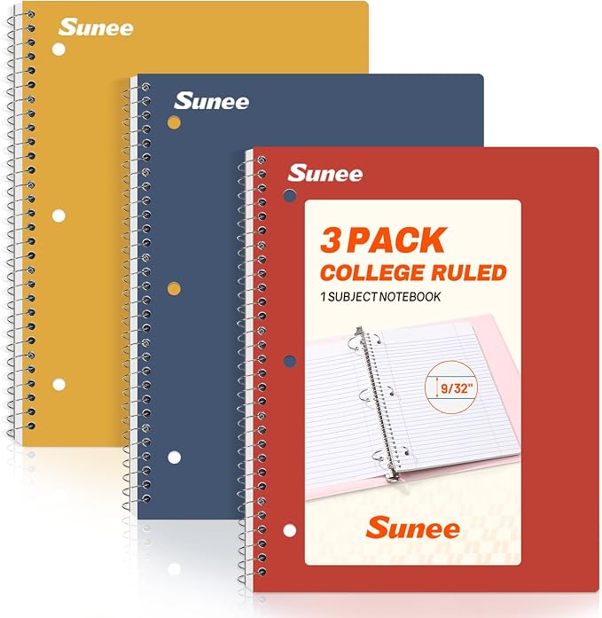 SUNEE Spiral Notebooks, 3 Pack, 1-Subject, College Ruled Paper, 8" x 10-1/2", 70 Sheets per Notebook, Assorted Colors Spiral Notebooks for School (Brick Red, Blue, Yellow)