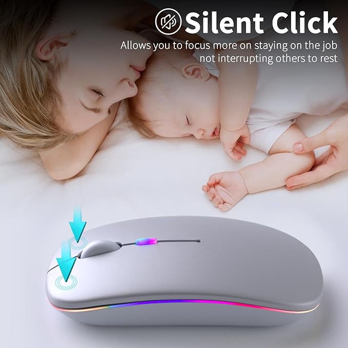 Wireless Bluetooth Mouse – Rechargeable, Silent, Dual Mode (Bluetooth 5.2 & USB) with LED Lights – Portable for Laptop, Desktop, & Tablet(Silver)