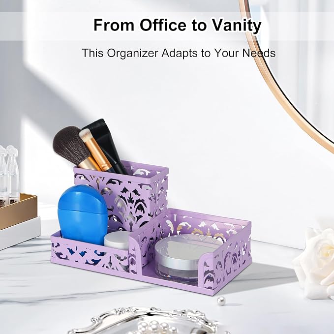 EasyPAG Desk Organizer 3 Compartment Pen Holder for Desk Office Supplies Caddy with Sticky Notes Holder for School Home, Purple