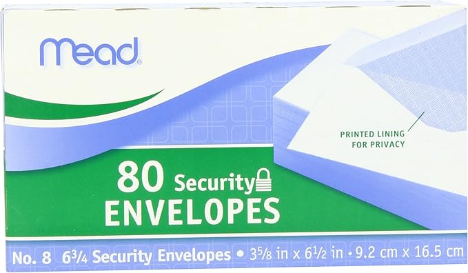 Mead #6-3/4 Envelopes, Security Printed Lining for Privacy, Gummed Closure, 3-5/8" x 6-1/2", All-Purpose 20-lb Paper, White, 80 per Box (75212) (Pack of 2)