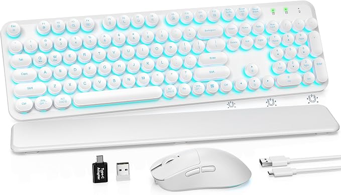Wireless Keyboard and Mouse Combo, Backlit Round Keycaps, Retro Typewriter Keyboard with Detachable Wrist Rest, Rechargeable & Tilt Legs, 2.4GHz Cordless Connection for Windows/PC (Glowing White)