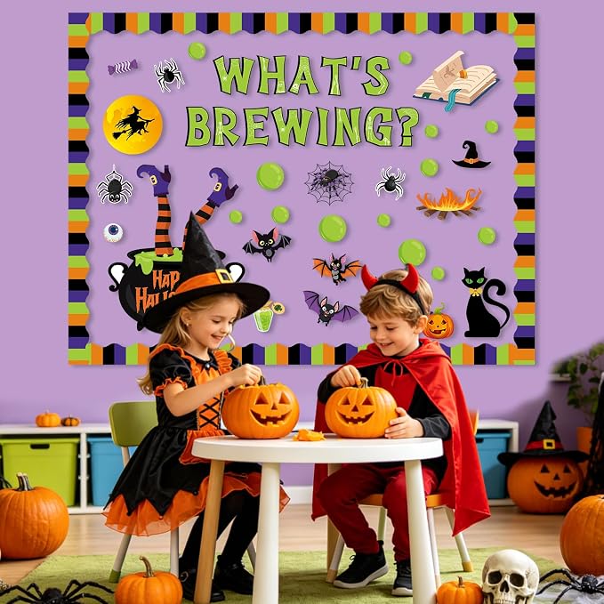 79Pcs Halloween Bulletin Board Decorations Set, What's Brewing Halloween Theme Classroom Decor, Witch Spider Bat Boo Ghost Pumpkin Paper Cutouts for School Office Door Wall Decor