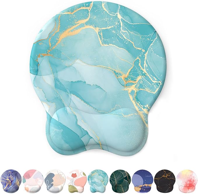 Mouse Pad with Wrist Rest, Comfortable Computer Mousepad with Gel Wrist Support Smooth Surface and Non-Slip PU Base for Pain Relief, Laptop, Office & Home (Blue Marble)