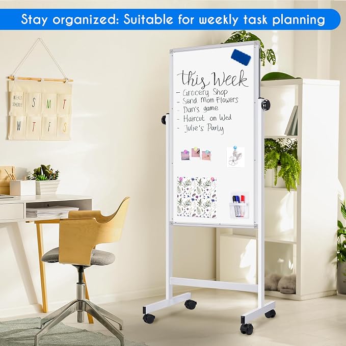 Maxtek Rolling White Board 48 x 24in,Height Adjustable Whiteboard on Wheels | Mobile Easel Large Magnetic Portable Double-Sided Dry Erase Board with Stand for Classroom, Home, School, Office and Teachers