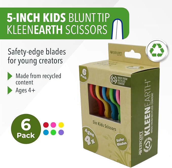 Westcott 5" KleenEarth Scissors 6-Pack, for Kids Ages 4+, Eco-Friendly Recycled Scissors for School and Craft Projects