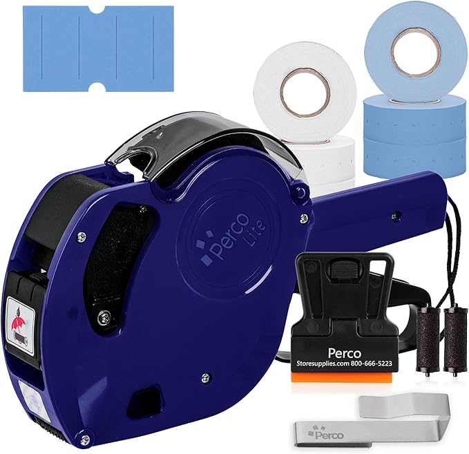 Perco Lite 1 Line Price Gun with Labels Kit - Includes 3 White Rolls, 3 Blue Rolls, 2 Ink Rollers - 1 Ink roll and Labels Pre-Loaded