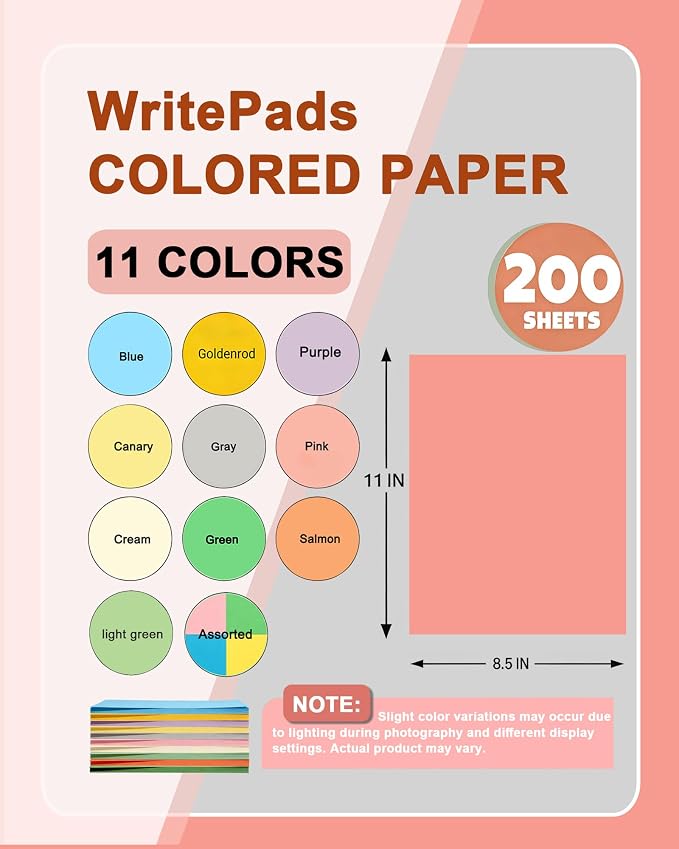 WritePads Veritas Colored Copy Paper, Multi-Purpose paper, Colored Printer Paper 8.5” x 11”, 20 lb / 75 GSM,Salmon,200 Sheets (1 Reams)，Made in USA