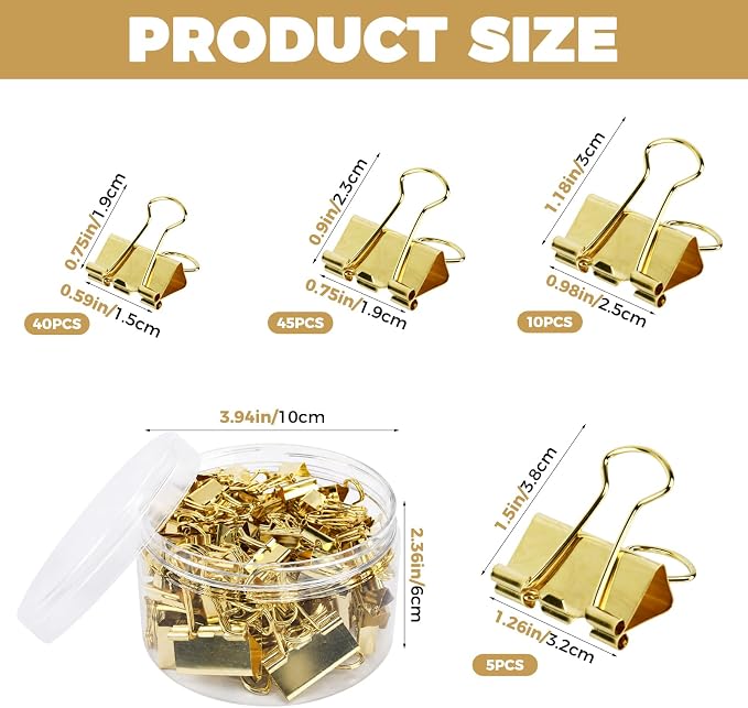100 Pcs Binder Clips for Office, Paper Clamps, Metal Clamp Bulk for Document Organizing, School Supplies for Teachers Business, Gold Binder Clips Assorted Sizes