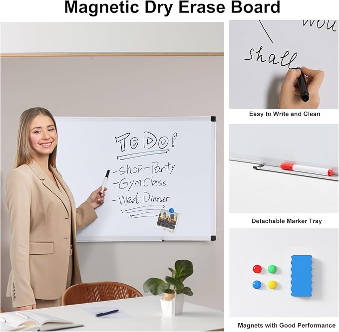 OLIXIS Magnetic White Board, Dry Erase Board for Wall 36" x 24", Whiteboard with 1 Dry Eraser & 2 Multicolor Markers & 4 Magnetic Pins, Aluminium Frame for Home, School, Office, White