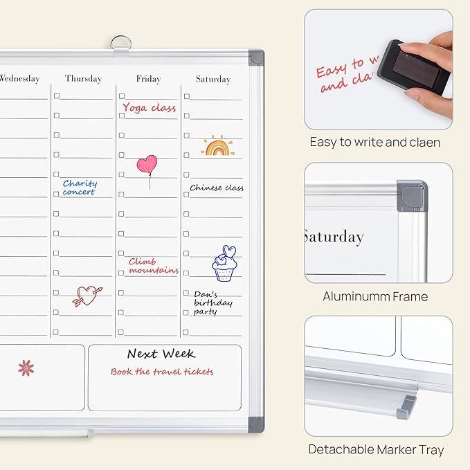Weekly Calendar Dry Erase Board for Wall, Hanging 24"×18" Double-Sided Magnetic Whiteboard with Hourly Slots, for Planning, Memo, to Do List, Home, Office, Kitchen