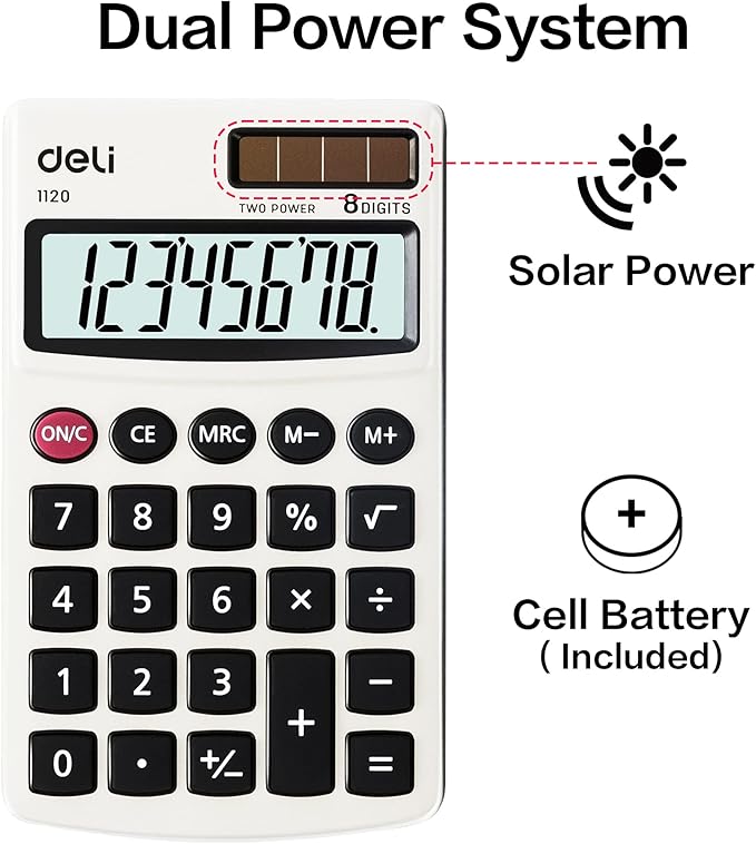 Calculator, Deli Standard Function Basic Calculators, Solar Battery Dual Power Office Calculator with Cover, Metal Panel, 2 Pack