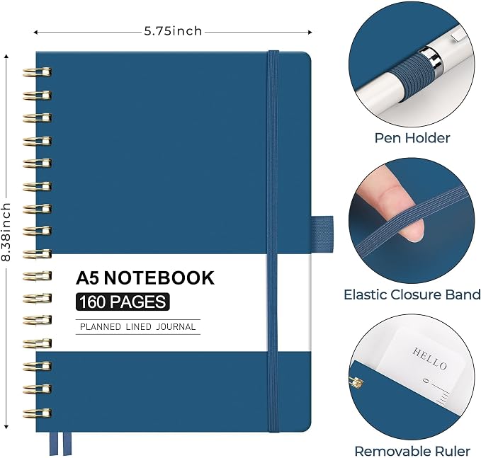 AHGXG Spiral Journal Notebook, 160 Lined Pages, A5 Size (5.7'' x 8.3'') | for Men & Women, Journaling, Writing, Work & Office, Hardcover, 100 GSM Thick Paper (Navy blue)