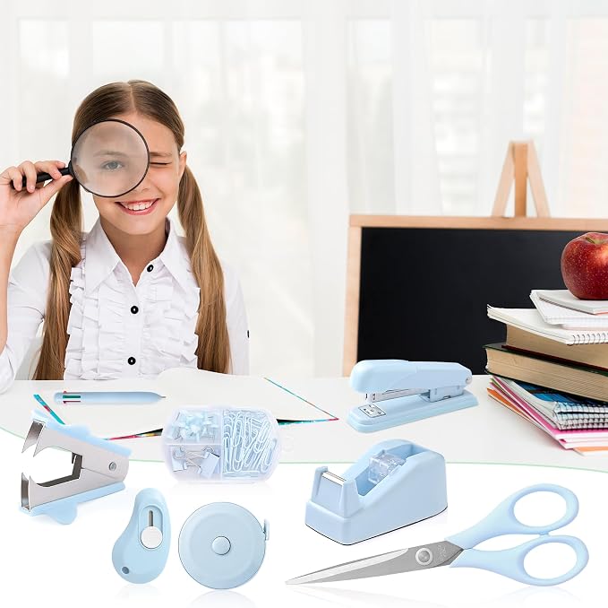 Blue Desk Accessory Kit Cute Office Supplies Set Desktop Stapler Set Includes Staple Remover Hole Punch Tape Dispenser Ballpoint Pen Scissor Mini Box Cutter Tape Measure Paper Clips Sticky Notes