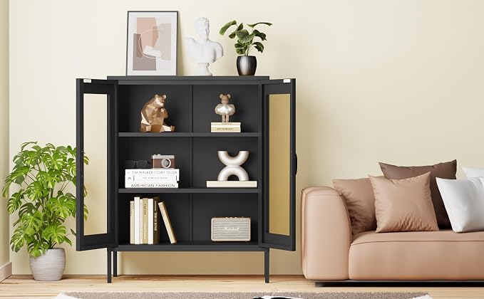Chshin Black Metal Storage Cabinet,Metal Locker Storage Cabinet with 2 Mesh Doors and Adjustable Shelves,Kitchen Pantry Cabinets for Home,Sideboard,Living Room,Office(40" H)