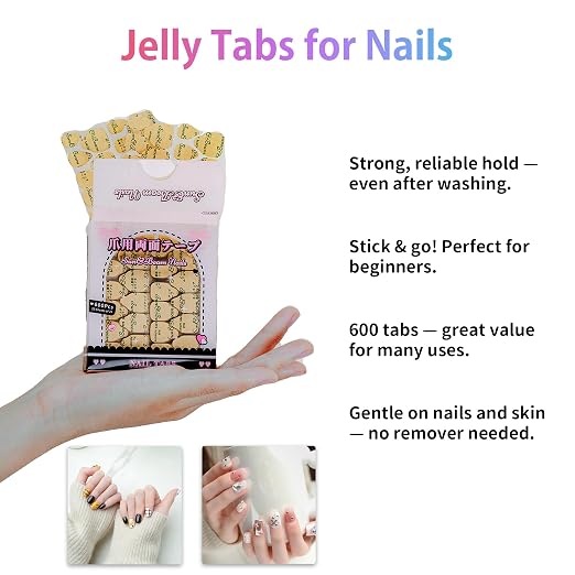 Sun&Beam Nails Jelly Nail Tabs for Press-On Nails 0.3mm Ultra-Thin Waterproof Adhesive 600pcs Strong Hold Double Sided Tabs for Finger (Standard Size)