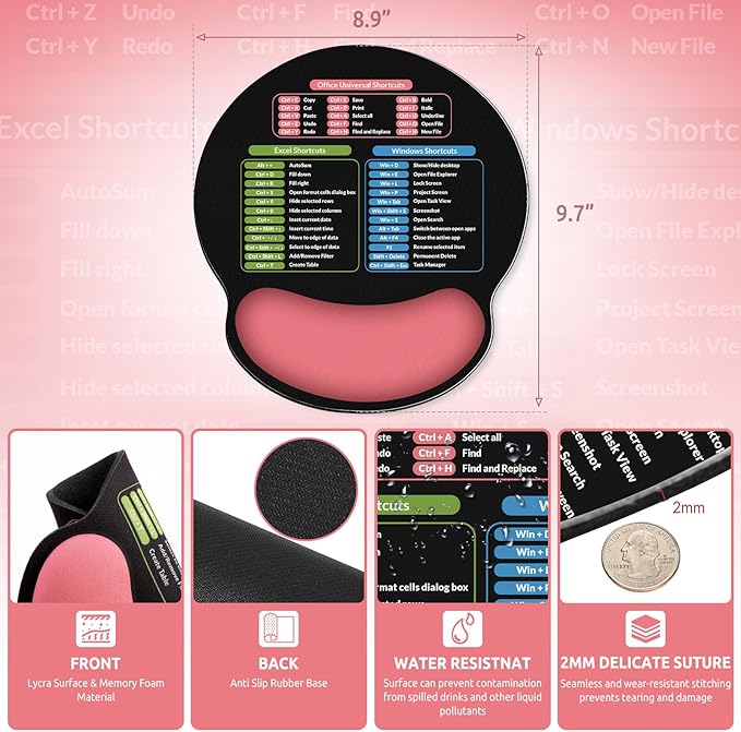 Ergonomic Mouse Pad with Wrist Rest, Small Excel Cheat Sheet Desk Pad with Windows & Office & Excel Shortcuts, Non-Slip Rubber Base Mouse Pads for Desk with Smooth Surface, Black Pink