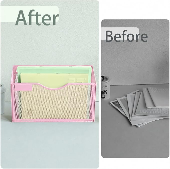 1 Pocket Mesh Wall File Holder Organizer Office Hanging File Folder Magazine Rack, Nametag Label Hooks Set Included (Pink)