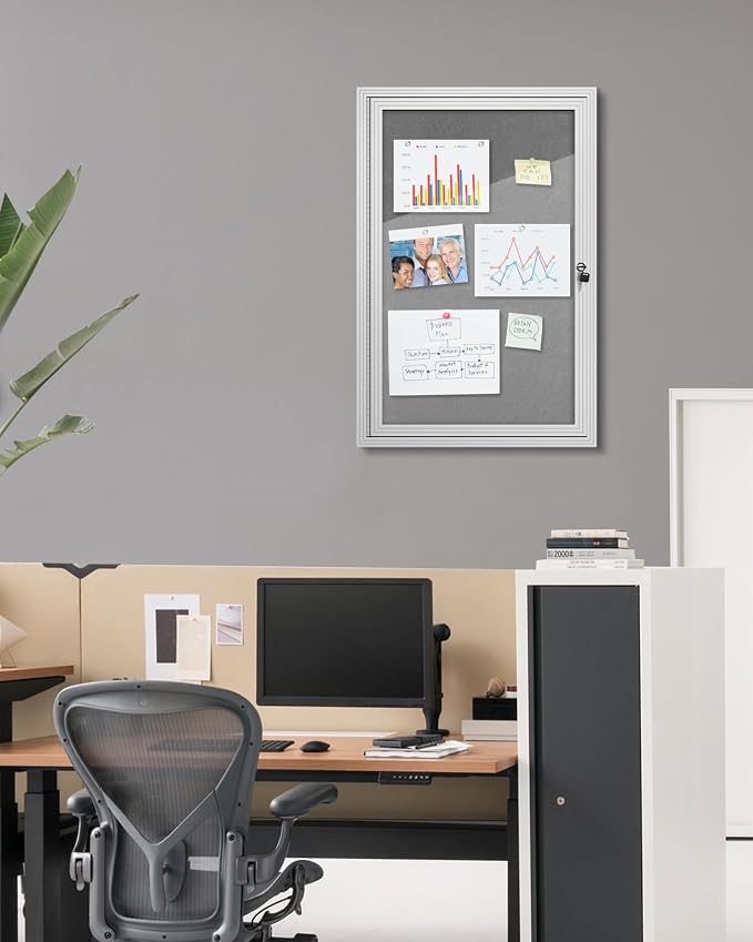 Mifuro 36"x24" Enclosed Bulletin Board, Outdoor Lockable Weather-Resistant Aluminum Cork Noticeboard for School & Office, Silver Frame w/Grey Flet