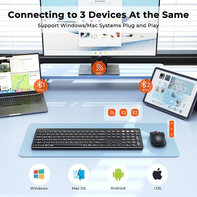 MEETION Bluetooth Keyboard and Mouse Combo, Silent Multi-Device, Black | Full-size keyboard with 2.4G & dual Bluetooth connection, 4-level DPI wireless mouse, compatible with Windows and Mac OS