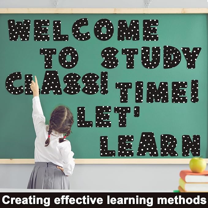 Qyeahkj 150 PCS Large 7" Font Bulletin Board Letters Punctuation Cutouts Combo Black Letters with White Polka Dots Border Decor Classroom Alphabet Poster for Bulletin Board Display Home School Wall