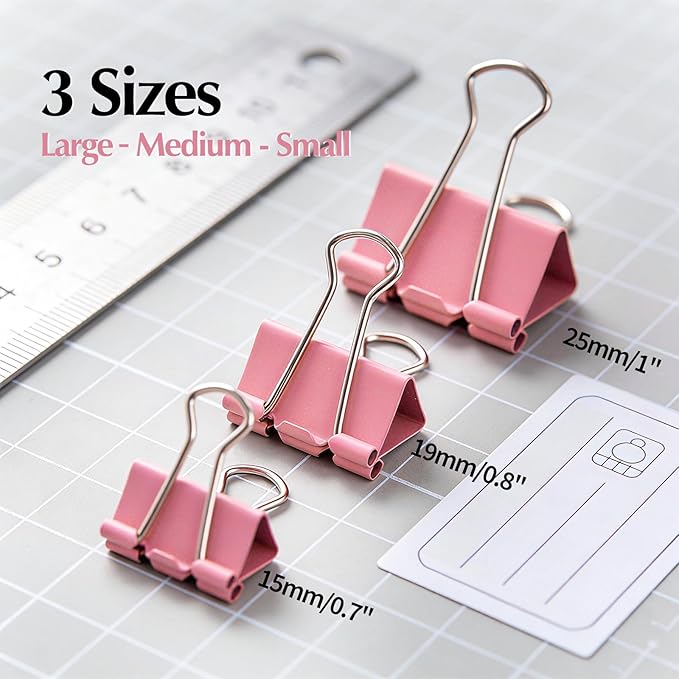 Binder Clips Assorted Sizes, Morandi Colors, Durable Metal Binder Clips for Office, Cute Desk Supplies for Teachers Student (Pink - 1 Box)