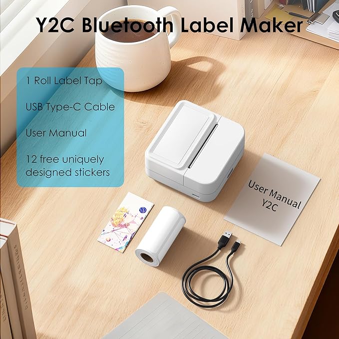 Bluetooth Sticker Printer with 1 Roll of Sticker Paper, Y2C Mini Sticker Maker Machine, Pocket Thermal Label Maker Machine with Tape for DIY, Notes, Label Ideal Gift for Kids&Student, White