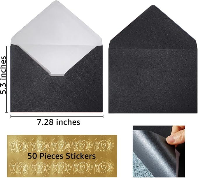 50 Pieces Shiny Envelopes with Gold Stickers, Black, 5x7 | Gold Stickers Included, For Wedding Invitations, For Graduation, For Baby Shower, For Greeting Cards