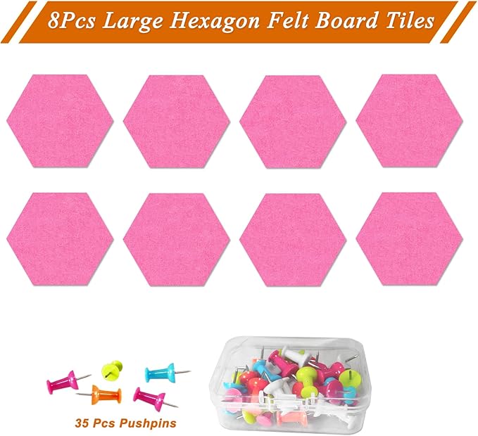 Large Hexagon Felt Cork Board Tiles, Self Adhesive DIY Felt Bulletin Board Pin Board with 35 Pushpins for Office School Home Wall Decor Stickers Memos Photos Display(Pink)