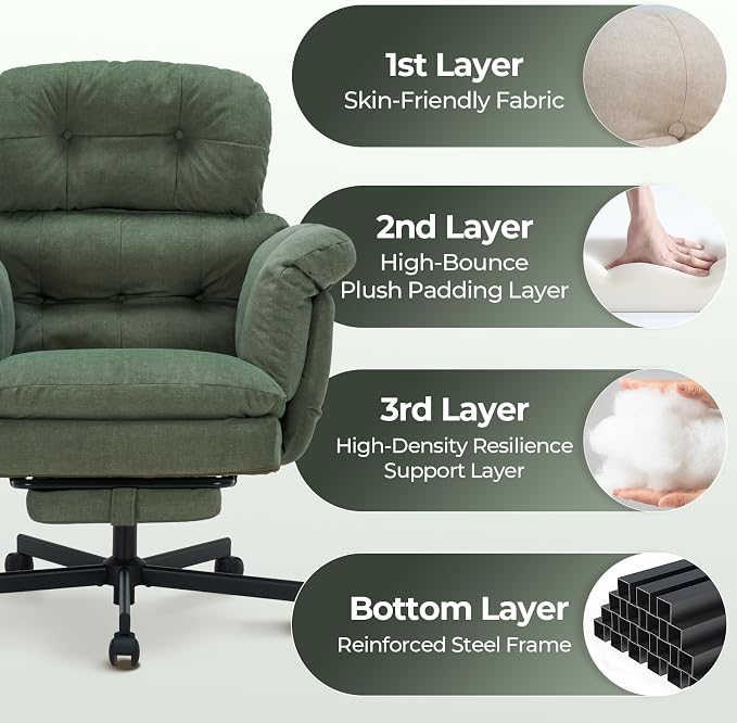 Criss Cross Office Chair with Foot Rest, Big and Tall Office Desk Chair with Flip Armrests for Pets & Cross Legged Sitting, Comfy Executive Ergonomic Reclining Computer Gaming Vanity Chair, Green