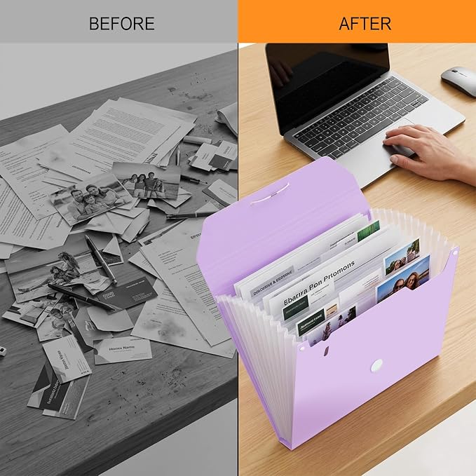 Comix Accordion File Organizer, 13 Pocket, Purple | Expanding File Folder, A8/Letter Size Documents, Includes Labels, For Office, Home, School