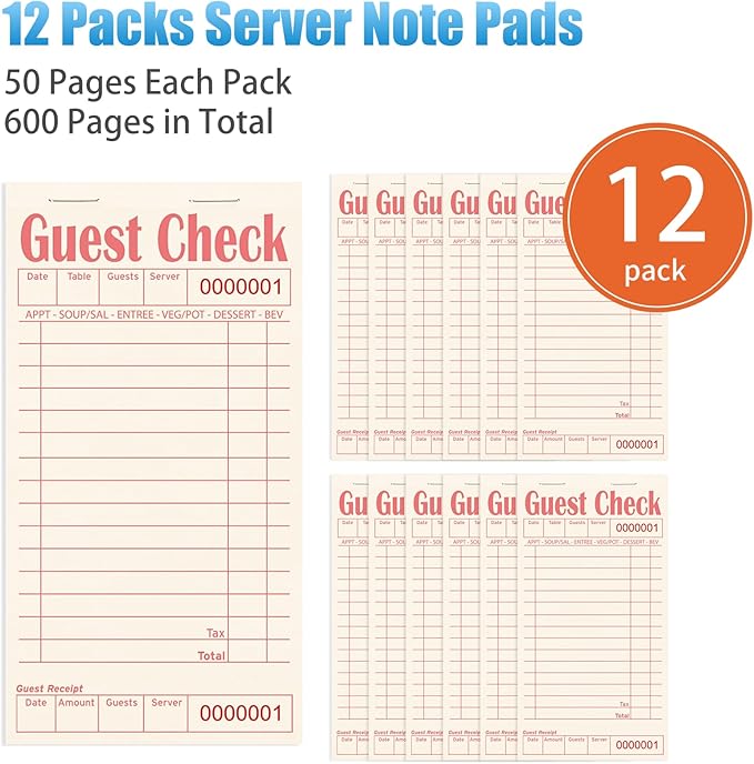 Guest Checks Books for Servers, Server Note Pads, 12 Pack, Natural Color Paper, Waitress Notepad for Restaurants, Waitress Accessories, 600 Sheets, Pink