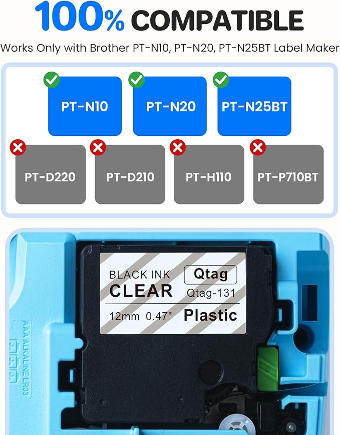 Compatible with Brother Btag-131 Btag131 Btag Label Tape 12mm 0.47 Clear | P Touch Label Maker Tape Compatible with Brother PT-N10 PT-N20 PT-N25BT Label Makers, Black on Clear, 12mm x 4m, 6-Pack