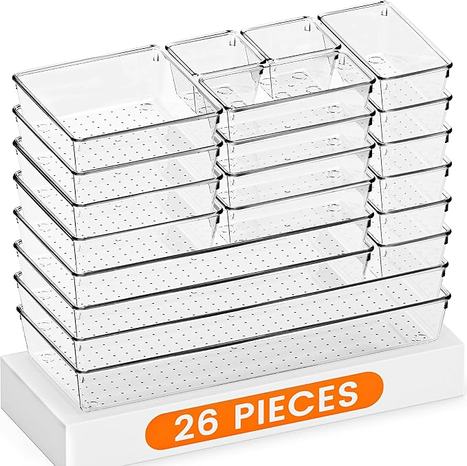Drawer Organizer, 26 Pack Clear Plastic Drawer Organizer Bins, Versatile Organization and Storage Trays for Kitchen, Bathroom, Vanity Makeup and Office
