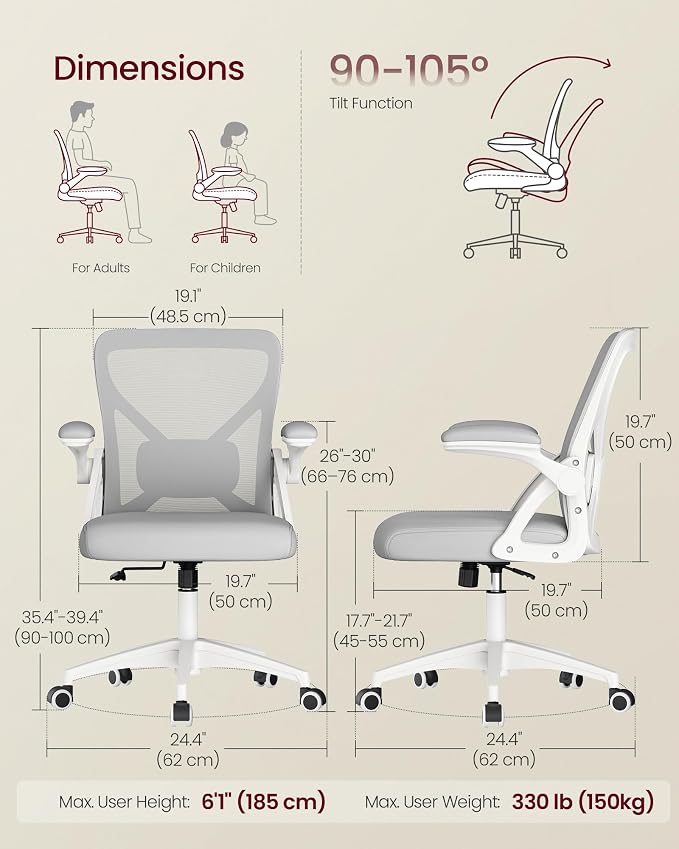 VASAGLE Ergonomic Mesh Office Chairs with Adjustable Lumbar Support, 90-105° Tilt Function, Wide Seat, Flip‑Up Armrests, Computer Desk Chairs for Home Office, Set of 2, Dove Gray
