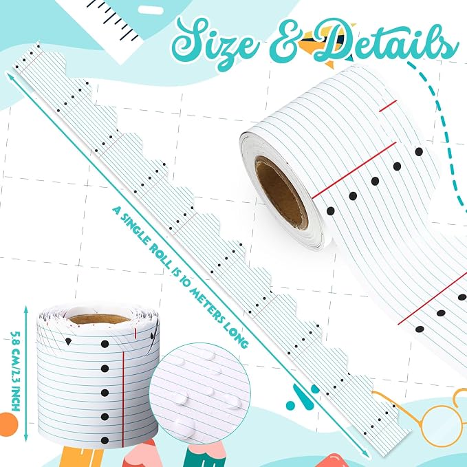 32.8 Ft Notebook Line Bulletin Board Borders Scalloped Trim | Back to School Classroom Decoration, Lined Paper Design for Office Bulletin Boards, Scalloped Edges for Party Decor