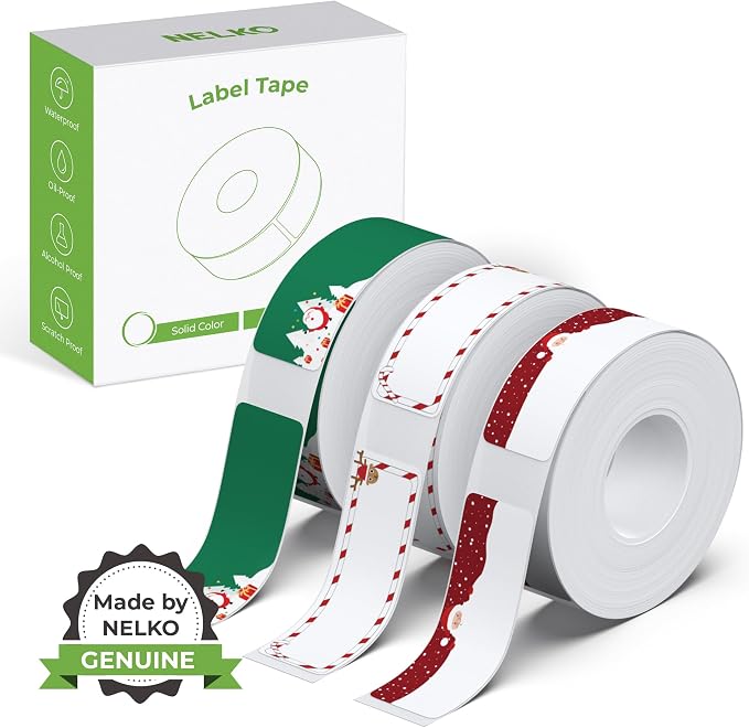 NELKO Genuine P21 Label Maker Tape,14x40mm, 3-Roll, Christmas Theme | Easy to Peel, BPA-Free, Strong Adhesion, Water-Resistant & Oil-Proof, Great for School, Office, Home, Kitchen, Black on White