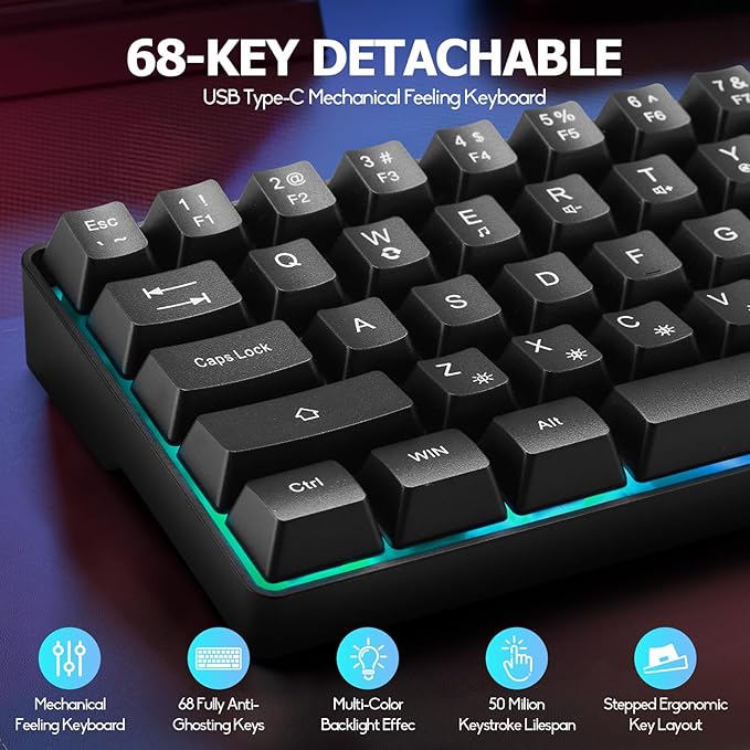 Wired Portable 60% Mechanical Feeling Gaming Keyboard,RGB LED Backlit Compact 68 Keys Mini Wired Office Keyboard for Windows Laptop PC Mac Gamer, Typist, Travel on Business Trip- Black