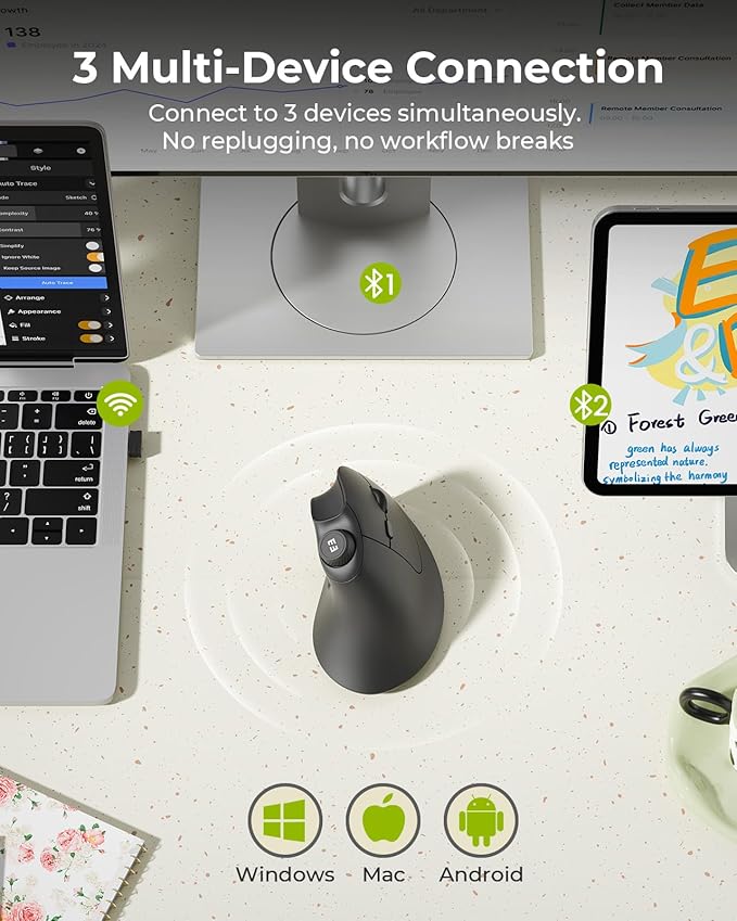 seenda Ergonomic Mouse Wireless, MOU-302 Bluetooth Vertical Mouse Rechargeable, Optical Mice with 1000/1600/2400 DPI, Volume Knob, 3 Multi-Device Connectivity for Computer/PC/Laptop/Mac, Black