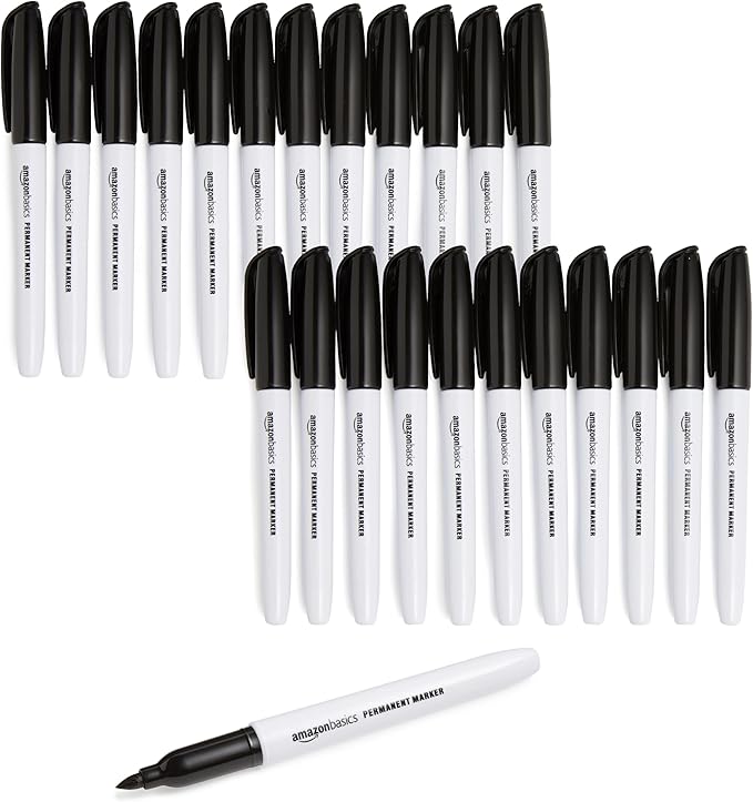 Amazon Basics Fine Tip Permanent Markers for Writing, Drawing, Quick Drying, Office, School, and Home Use, Black, 24 Pack