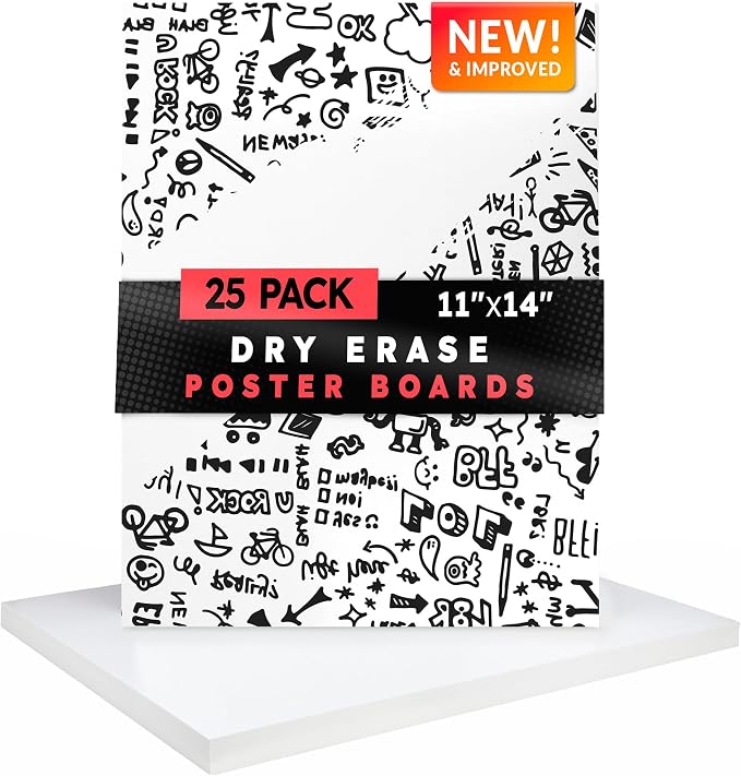 Hygloss Medium Dry Erase Poster Board Paper 11x14 Inch (25 Count) Single-Sided Wall White Board Dry Erase Sheets - 14 Pt. Thick Papers for Home, School, Classroom, Office, Kids Art, Menus Signs, Lists