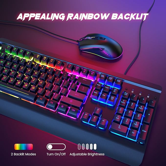 Wired Gaming Keyboard and Mouse Combo, 104 Keys All-Metal Panel Rainbow Computer Keyboard with Multimedia Keys Wrist Rest and LED Backlit Gaming Mouse 4200 DPI for Windows PC Gamers (Black)