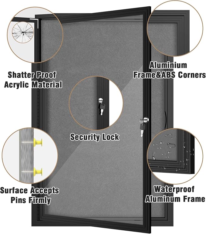 Mifuro 36"x24" Enclosed Bulletin Board, Outdoor Lockable Weather-Resistant Aluminum Cork Noticeboard for School & Office, Black Frame w/Grey Flet