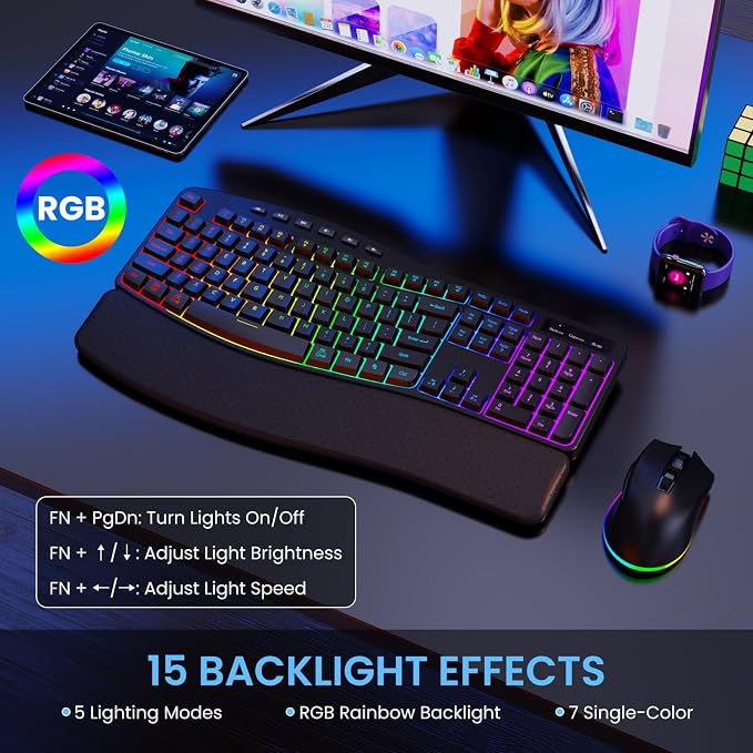 RGB Wireless Keyboard Mouse Combo with Ergonomic Wave, Silent Rechargeable | Soft Leather Wrist Rest, Light up Letter, 15 Lighting RGB Backlit, 3200 DPI 2.4G Mouse for PC Computer Laptop Windows Mac
