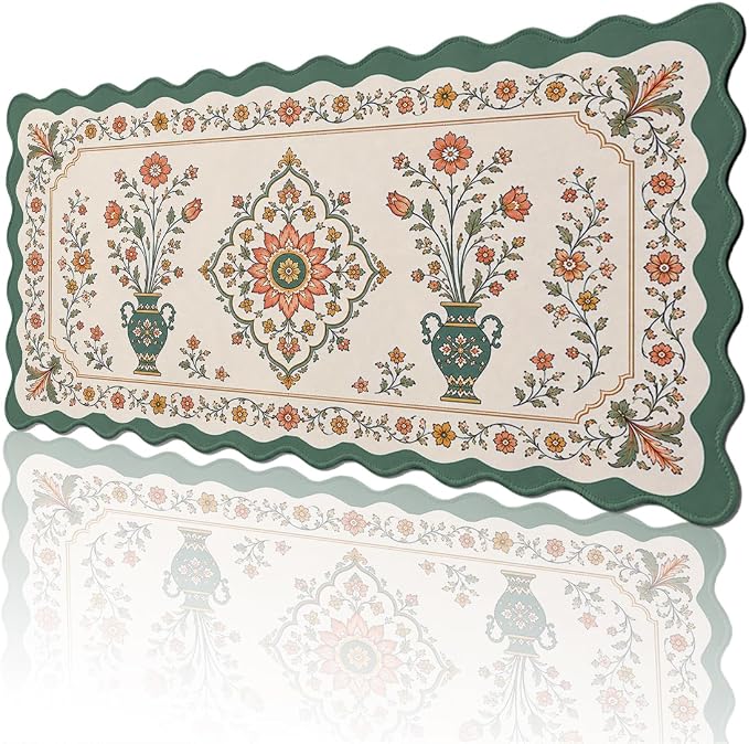 Vintage Floral Scalloped Mouse Pad Sage Vase Medallion French Country Large Gaming with Stitched Edges,Non-Slip Waterproof Rubber Base Mous Mat Office Computer Keyboard Laptop Home 31.5"x15.7"