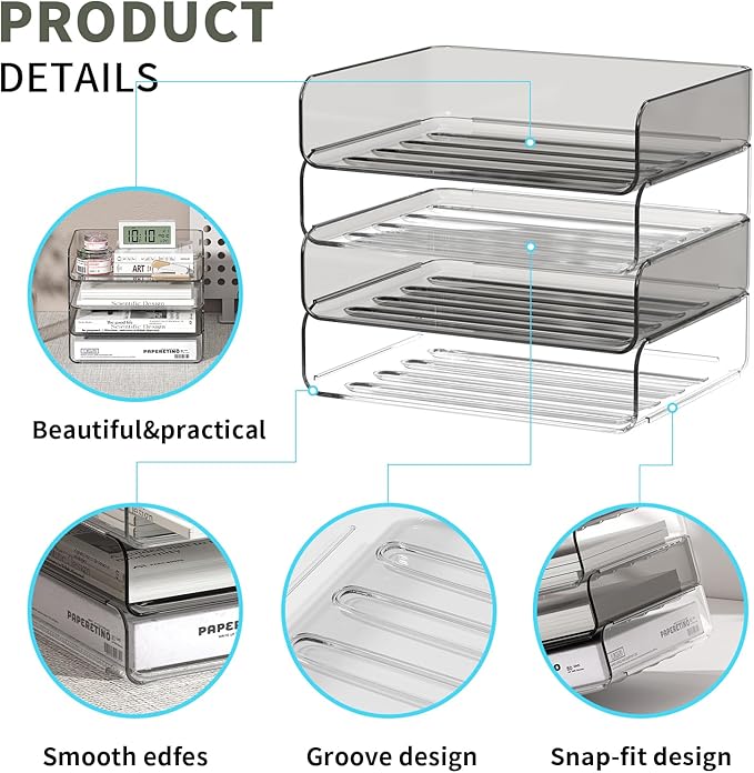 4-Tier Horizontal Acrylic Paper Tray Organizer | Clear Stackable Desk Organizer for Documents, Letters, A4 Paper | Modern Office/Classroom/Home Organization,Clear&Brown